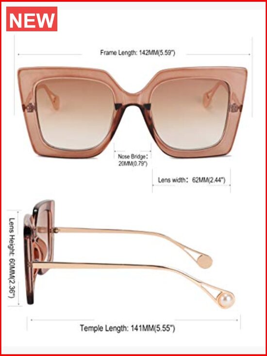 Oversized Square Cat Eye Sunglasses Pearl Inlay Arms UV400 Protection main image 4